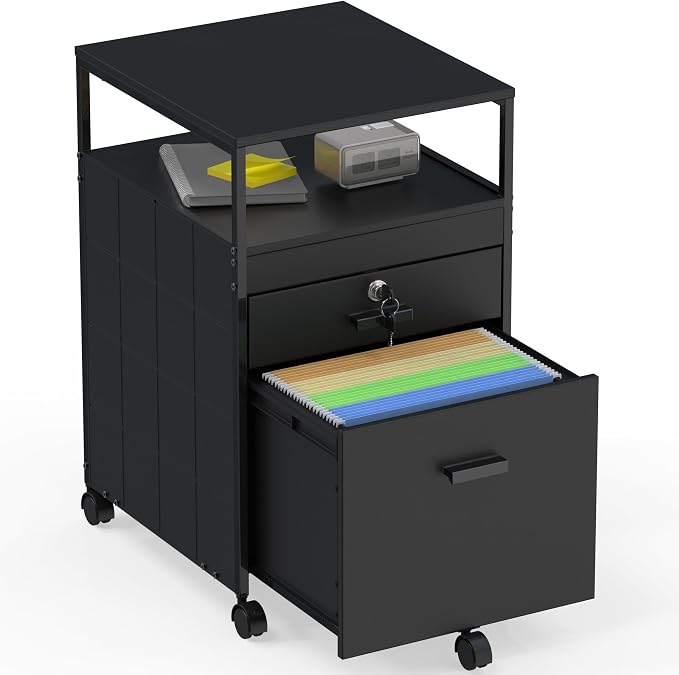 SHW Box File Rolling Mobile Cabinet with Open Shelf and Lockable Drawer, Black