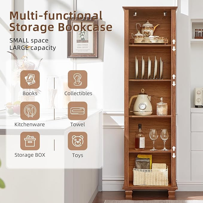 SAVOR LIFE Narrow Brown Book Shelf, 70" Tall Skinny Bookshelf with Adjustable Shelves & Wooden Legs, Farmhouse Wood Bookcase w/5-Tier Open Storage, Free Standing Book Case for Office,Living Room,3PCS