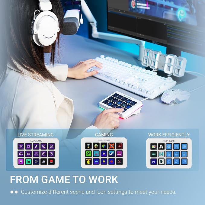 FIFINE AmpliGame Gaming Controller with 15 Shortcuts for OBS Streaming Studio with Macro Keys, Trigger Actions, PC Media RGB Controller for Content Creation/Office Work-D6 White