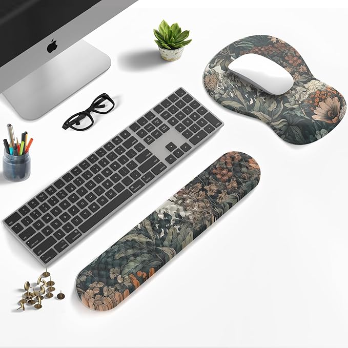 Boho Aesthetic Mouse Pad with Wrist Rest Keyboardpad Vintage Wildflowers Wrist Rest for Computer Keyboard Wrist Rest, Non-Slip Base Home/Office for Computer Keyboard, Made Easy Typing & Relieve