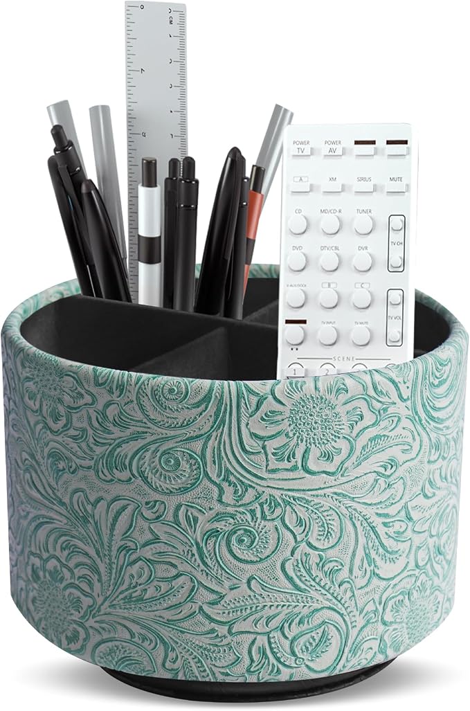 lizimandu Round Leather Art Supply Organizer,Remote Control Holder,360 Degree Spinning,Multi-Functional Pencil Holder,4 Compartments Desktop Stationary Organizer(1-Carved Stone Green)