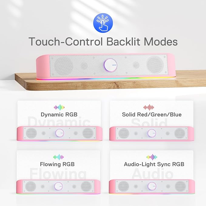 Redragon GS560 RGB Desktop Soundbar, 2.0 Channel Computer Speaker with Dynamic Lighting Bar Audio-Light Sync/Display, Touch-Control Backlit with Volume Knob, USB Powered w/ 3.5mm Cable, Pink