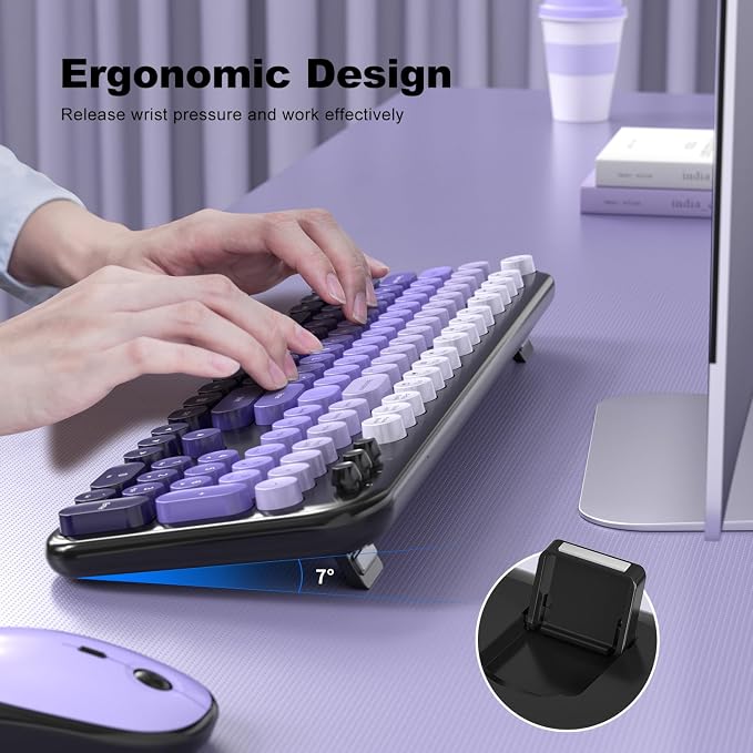 Dilter Wireless Keyboard Mouse Combo, Typewriter Full Size Keyboard and 2 in 1 USB Connected Mouse for Windows 7/8/10, Laptop, Desktop, PC, Computer (Black Purple)