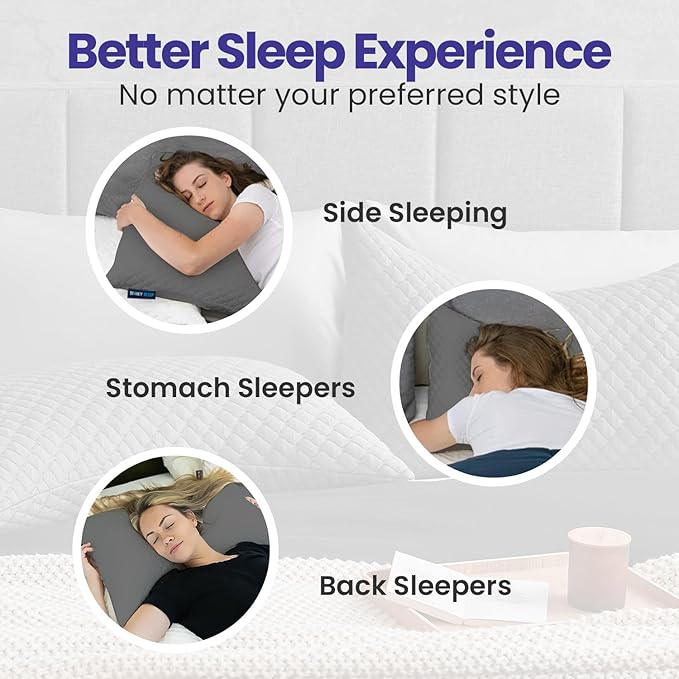 Sidney Sleep Set of 2 Queen Size Bed Pillows for Side and Back Sleepers - Adjustable Filling - Memory Foam Pillows for Neck and Shoulder Pain - Customizable Loft - Extra Foam Included (Grey)