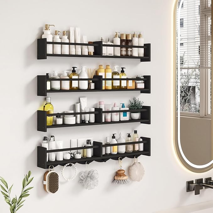 34Inch Nursery Bookshelves,Set of 4,Wall Floating Shelf Kids Coat Rack with 6Hooks,Hanging Book Shelf for Baby Nursery Room Décor ，Patent Number: 29958098(Black, 34)