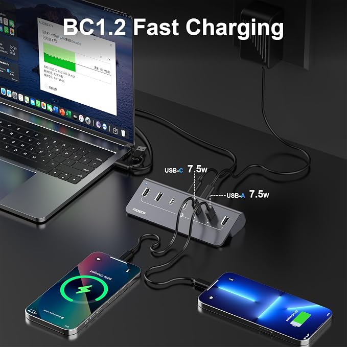 FIDECO Powered USB Hub, 7 Port 10Gbps Fast Data Hub for iPhone 16/15 and Laptop, Full Aluminum USB Splitter with 5V 3A Power Adapter, 4 USB A and 3 USB C Ports, Support BC1.2 Charging, Grey