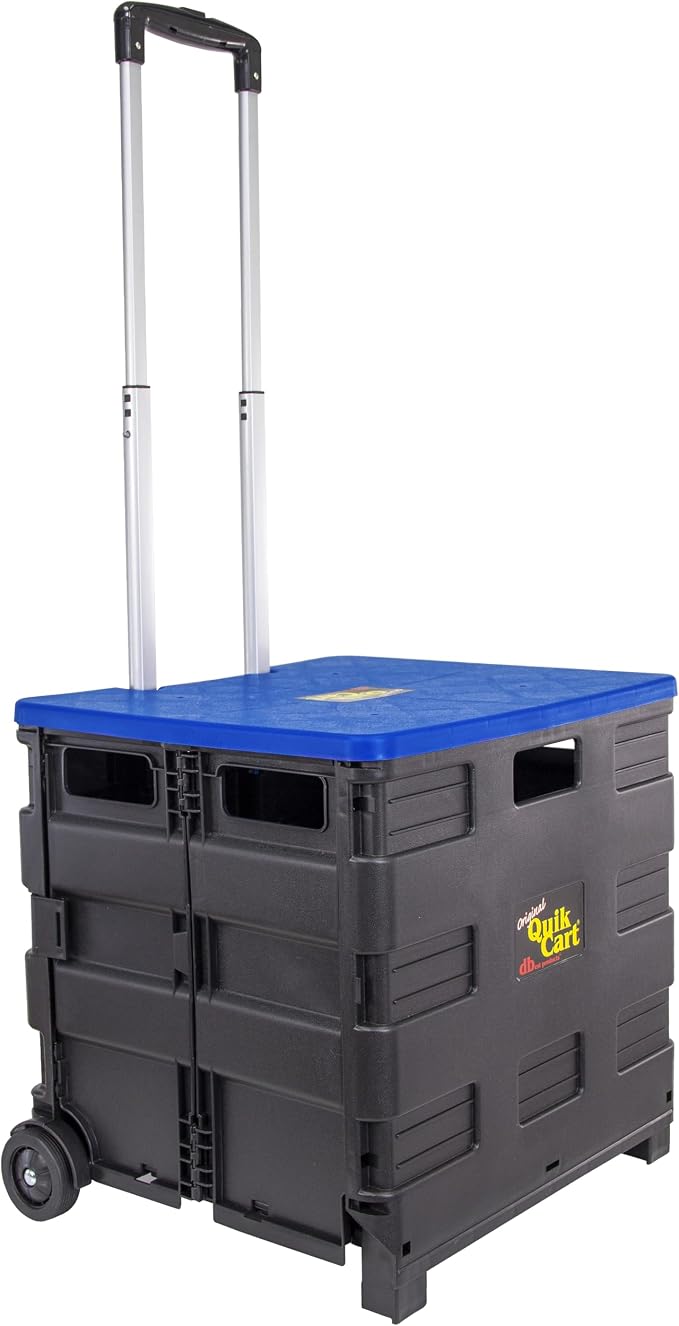 dbest products Quik Cart Collapsible Rolling Crate on Wheels for Teachers Tote Basket, 80 lbs Capacity, Blue Lid Made from Heavy Duty Plastic and used as a Seat