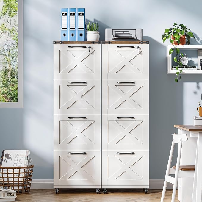 Halitaa Vertical Farmhouse Locking Rolling File Cabinet, Office Filing Cabinet with 4 Drawers & Wheels for Hanging Files Letter/A4，Printer Stand for Home Office