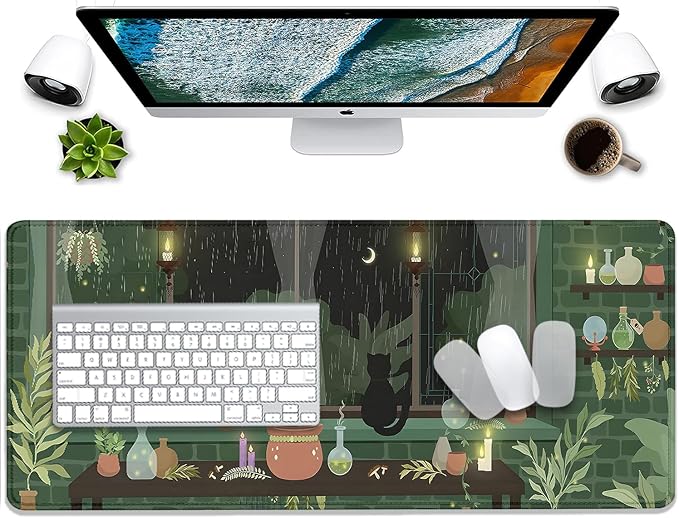 Black Cat Mouse Pad Green Plants Desk Mat Pad Anime Large Gaming Cartoon Cute Mouse Pad,Stitched Edges Non-Slip Waterproof Rubber Base Mous Mat for Office Home Work Gaming(27.5X11.8 in)
