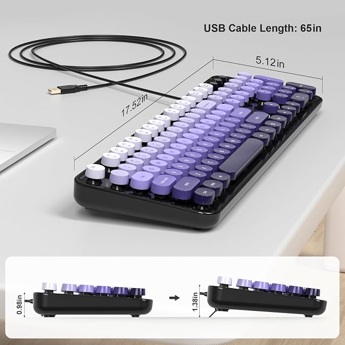 MOWUX Computer Keyboard Wired, Plug and Play USB Retro Round Typewriter Keyboard, Full Size Wired Keyboard with Foldable Stands for Laptop and Office PC- Black Purple Gradient
