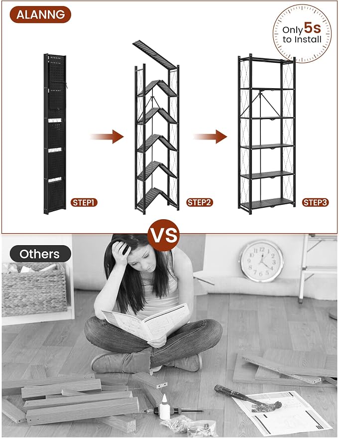 ALANNG 73.6 Inch Folding Bookshelf, 6 Tier Metal Bookcase and Bookshelves, Tall Shelves for Living Room Office Bedroom, Heavy Duty Book Shelve Free Standing Open (Black, 2PACK)