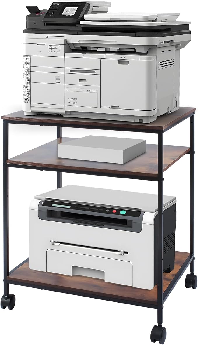 EMERIT 3-Tier Printer Stand for Laser/Inkjet/All-in-One - 23.6x18.9x31.5 Heavy Duty Cart w/Adjustable Shelves & Lockable Wheels, Storage for Scanner/Fax/Supplies - Industrial Home & Office