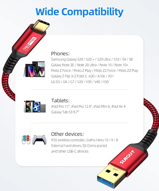 SUNGUY 10Gbps Android Auto USB C Cable,3A USB 3.1 Gen 2 Fast Charge & Data Transfer CarPlay Cable, for iPhone 17/16/15 Pro Max, Samsung T7, Galaxy S23 S22 Ultra Note 20, SSD- Red 1.5FT [5-Pack]