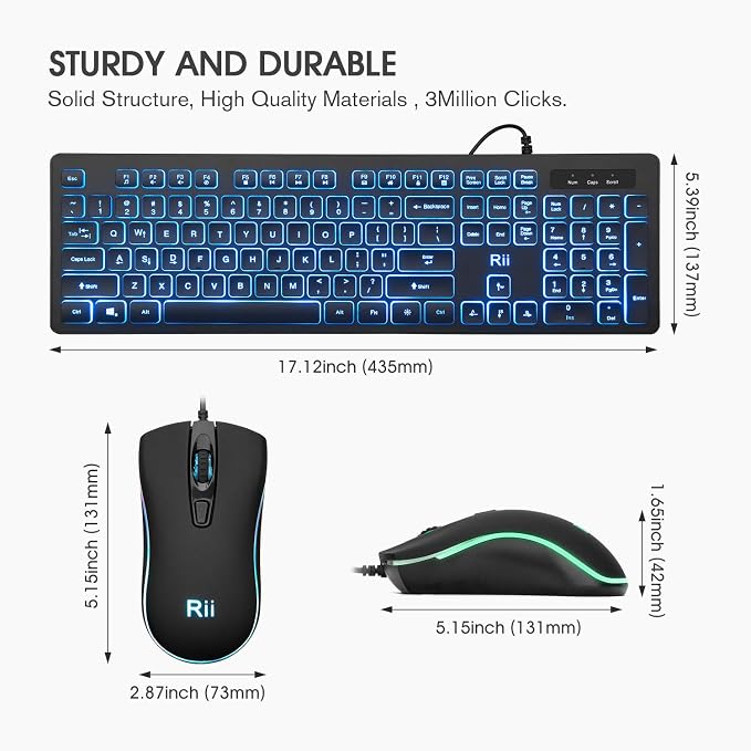 Rii Three Colors Backlit Keyboard and Mouse, Wired Keyboard and Mouse Combo, USB Keyboard and Mouse Set,Quiet Input Gaming Keyboard,Optical RGB Mouse for School,Office,Business and Gaming