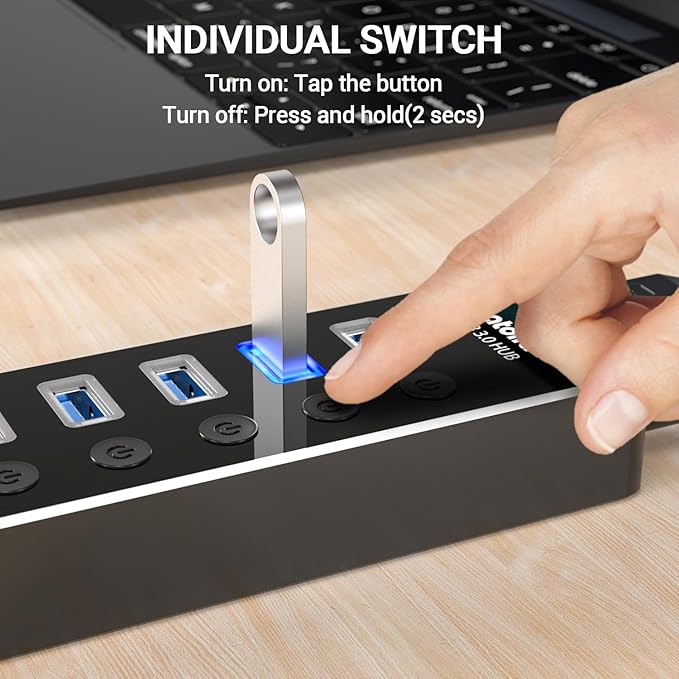 Powered USB Hub, atolla Aluminum 5-Port USB 3.0 Hub with 4 USB 3.0 Data Ports and 1 USB Smart Charging Port, USB Splitter with 5V/3A Power Adapter and Individual Switches