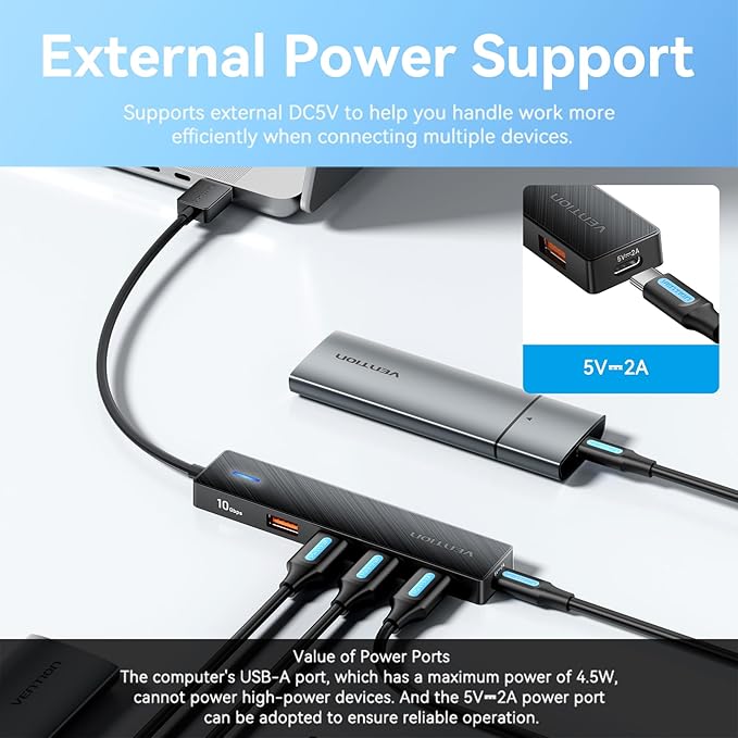 VENTION 10Gbps USB 3.2 Hub, USB Hub with 4 USB A 3.2 Ports, USB 3.2 Gen 2 Splitter USB Expander for Chromebook Surface Pro 3 iMac PS4 Laptop Xbox Flash Drive