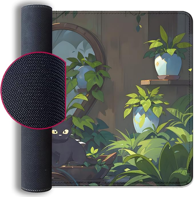 Lofi Cat Mouse Pad Green Plant Desk Pad,Black Cat Extended Gaming Mouse Mat with Stitched Edges Non-Slip Waterproof Rubber Base Mous Mat for Office,Computer,Keyboard,Laptop,Home Desk Pad(27.5X11.8 in)