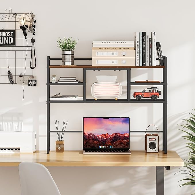 Snughome Desk Shelf, 38.6" Desktop Bookshelf, Desk Hutch Dorm, Countertop Storage Hutch with 5 Shelves for Computer Desk, Multipurpose Wood Desktop Display Organizer Rack for Home Office Dorm