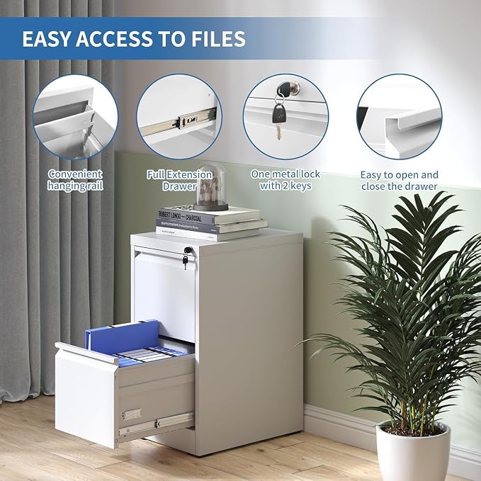 2 Drawer File Cabinet with Lock,Metal Vertical Filing Cabinets for Home Office,Heavy Duty File Storage Cabinet for Letter/Legal/A4/F4 Size File,Assembly Require (White, Vertical 2 Drawer)
