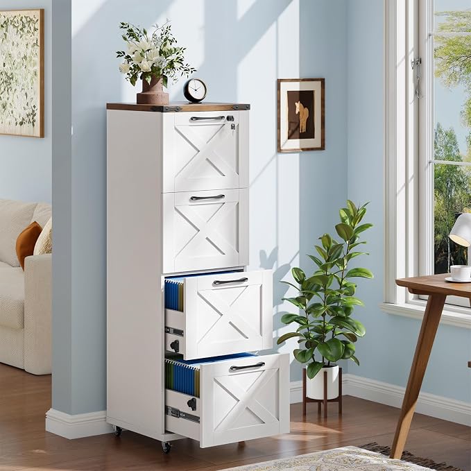 Vabches Vertical Farmhouse Locking Rolling File Cabinet, Office Filing Cabinet with 4 Drawers & Wheels for Hanging Files Letter/A4，Printer Stand for Home Office