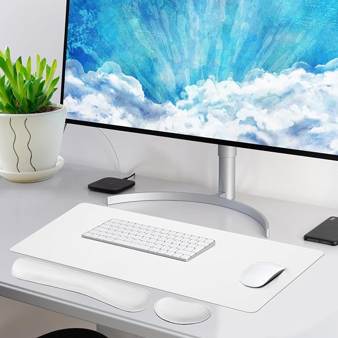 Bloss Leather Desk Pad and Keyboard Wrist Rest, Large Mouse Pad + Keyboard Pad+Mouse Wrist Support, Non-Slip Desk Mat Protector for Office, Home(31.5×15.7 Inches,White)