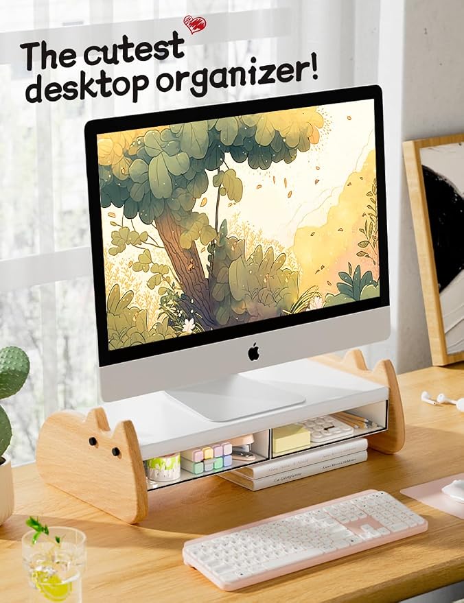 AFOOYO Monitor Stand Riser,Wooden & MDF Computer Desktop Stand with Acrylic Drawer,Laptop Stand Riser Holder ,Table Holder Desk Organizer Storage Stand for Laptop,Printer,TV,15.7 inch,Cute Cat