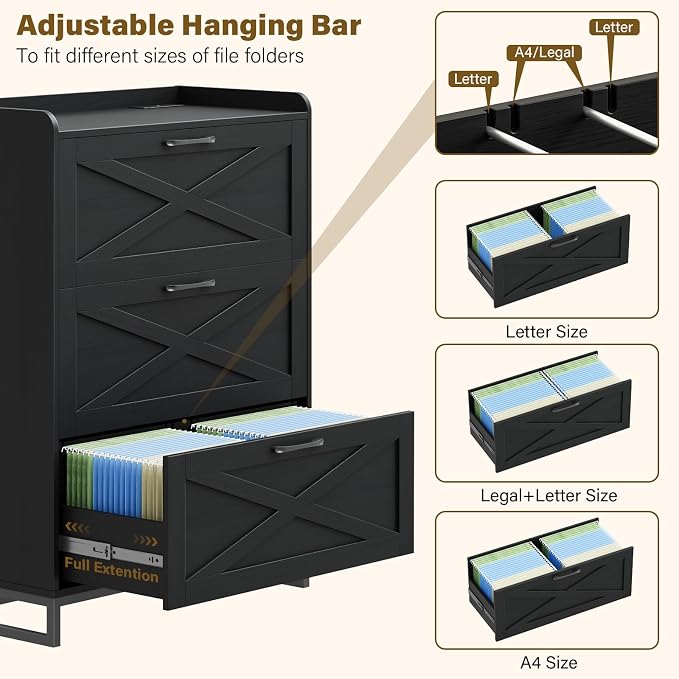 Vabches File Cabinet 3 Drawers Lateral File Cabinet with Charging Station for Letter/Legal/A4 Size Hanging Files, Large Wood File Storage Cabinets Printer Stand for Home Office, Simple Black