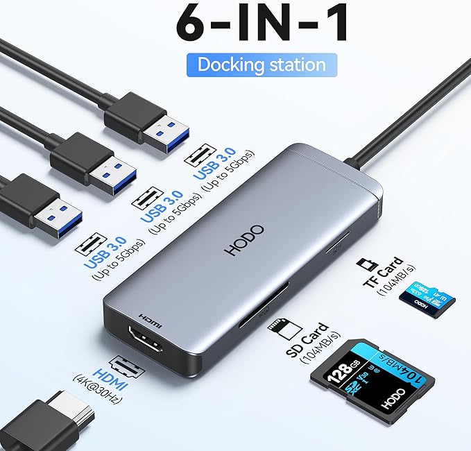 USB-C Hub Multiport Adapter for MacBook Air/Pro - 6 in 1 HDMI Dongle with 4K, USB 3.0 Ports, SD/TF Card Reader for MacBook m1/m2/m3/m4, Dell XPS, HP, Lenovo, Surface and Other Type-C Devices