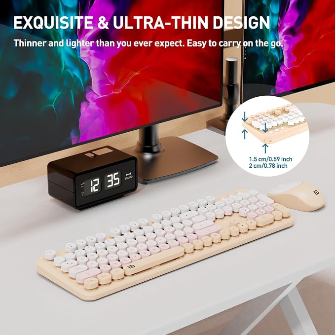 Wireless Keyboards Mouse Combos, Colorful Cute Typewriter Full-Size Retro Round Keycaps, 2.4GHz Cordless Sleep Mode Office Quiet Wireless Keyboard and Mouse Set for Desktop Laptop PC Computer