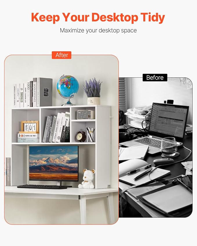 VEVOR Desktop Bookshelf, Storage Organizer with 5 Shelves for Computer Desk, Wooden Shelf Desk Hutch with Anti-Slip Feet Pads, Desk Top Display Rack for Office, Home & Dorm, White
