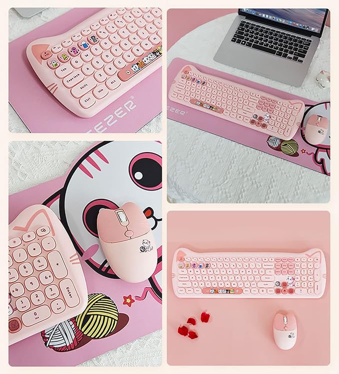 Cute Cat 2.4G USB Wireless Keyboard and Mouse Combo, Silent Keys, Candy Colors, Compatible with Notebook, PC (Pink-110Keys)