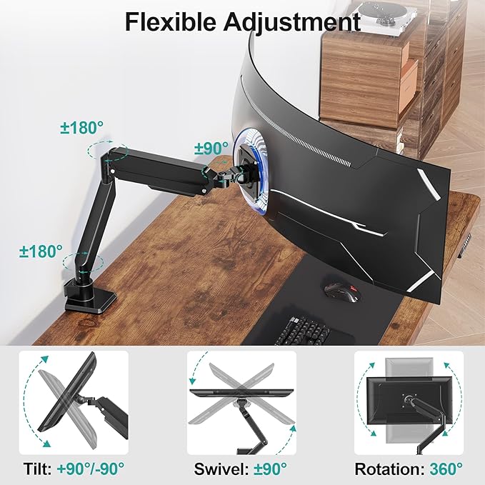 MOUNT PRO Heavy Duty Monitor Arm for 49 inch Ultrawide Screen up to 44 lbs, Single Desk Computer Mount Curved Monitor Stand for Samsung Odyssey G9, Adjustable Gas Spring VESA Mount 75x75 100x100