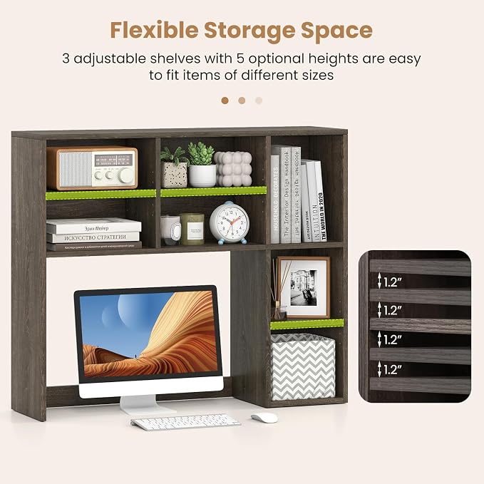 GOFLAME 7 Cubes Desktop Bookshelf, 37” Desk Organizer Shelf with 3 Adjustable Shelves, 3-Tier Wood Countertop Display Rack, Multipurpose Tabletop Desk Hutch for Dorm, Home Office, Gray