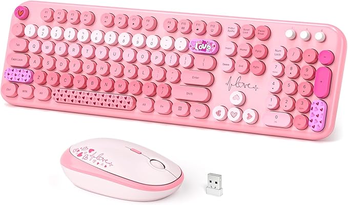 Dilter Wireless Keyboard and Mouse, Typewriter Full Size Keyboard with Number Pad and 2 in 1 USB Connected Mouse for Windows 7/8/10, Laptop, Desktop, PC, Computer (Pink Colorful)