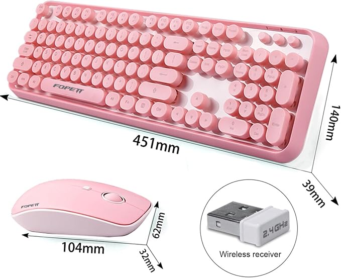 Wireless Keyboard and Mouse | Cute Colorful Keyboard and Mouse with 2.4GHz Cordless Retro Typewriter Keyboard | Auto-Sleep | USB Receiver for Windows PC/Laptop - Pink