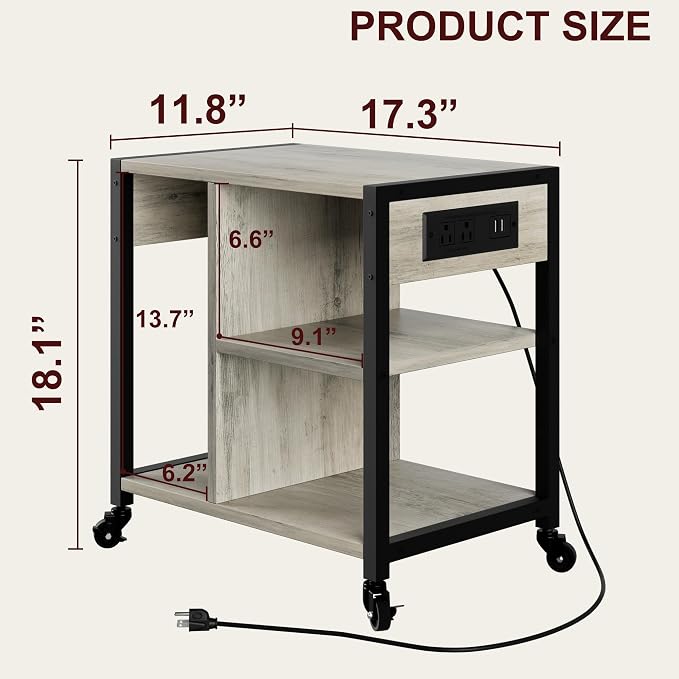 GAOMON Under Desk Printer Stand with Charging Station, Industrial Printer Table with 3 Storage Shelves, Mobile Heavy Duty Printer Cart with Lockable Wheels for Paper Storage, Home Office, Retro Gray