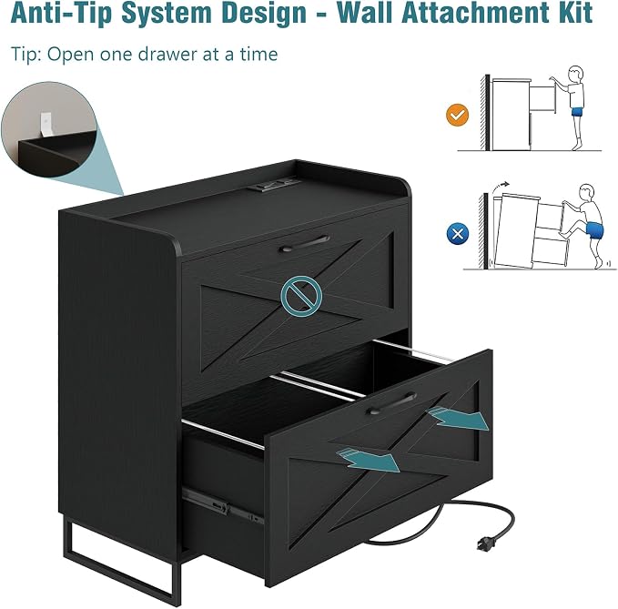 Lateral File Cabinet 2 Drawer File Cabinet with Charging Station for Legal/Letter/A4 Size Hanging Files, Modern Farmhouse Large Wood File Storage Cabinet Printer Stand for Home Office Furniture(Black)