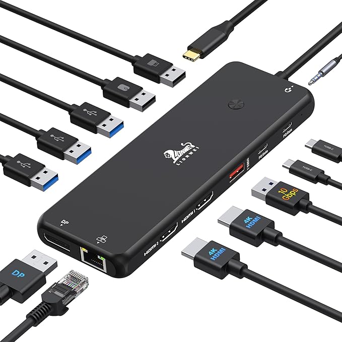 LIONWEI USB C Docking Station Dual Monitor 13 in 1 USB C Hub, Triple Display, 8 USB C/A Ports, Ethernet, Audio, Laptop Dock for MacBook,Dell,HP,Lenovo,Surface