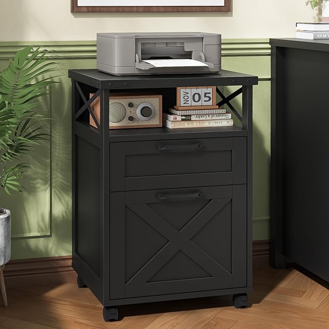 Farmhouse Filing Cabinet with Open Storage Space & Wheels, Office Filing Vertical Cabinet with 2 Drawers, Printer Stand for Hanging Files Letter/A4, Under Desk Storage Cabinets for Home Office.Grey