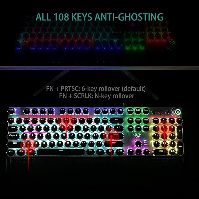 AULA F2088 Typewriter Style Mechanical Gaming Keyboard Wired,Blue Switches,Rainbow LED Backlit,Removable Wrist Rest,Media Control Knob,Retro Punk Round Keycaps,USB Wired Computer Keyboard