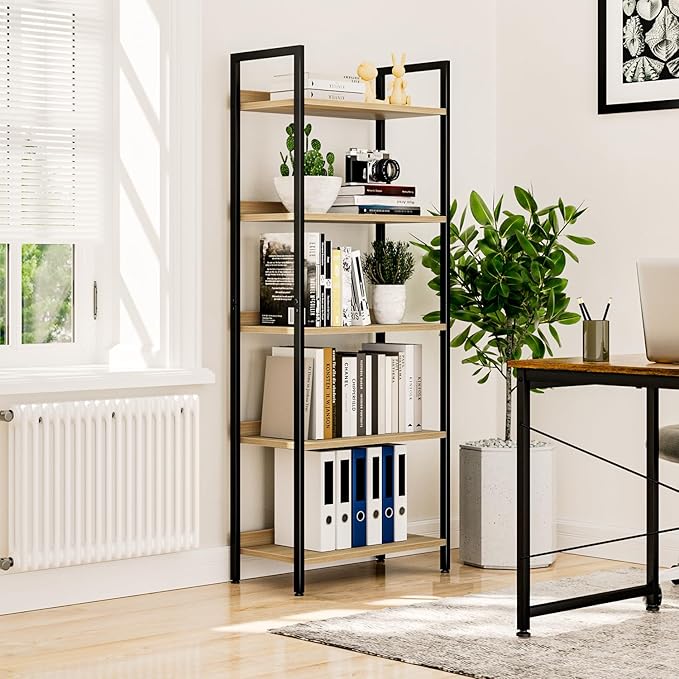 NUMENN Bookshelf, 5 Tier Bookshelves, Home Office Bookcase Shelf Storage Organizer, Free Standing Storage Shelving Unit for Bedroom, Living Room and Home Office, Natural