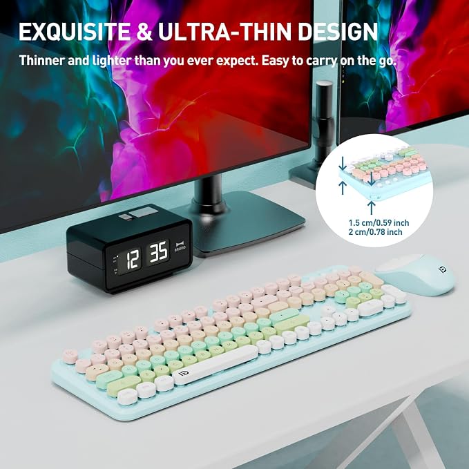 Wireless Keyboards Mouse Combos, Colorful Cute Typewriter Full-Size Retro Round Keycaps, 2.4GHz Cordless Sleep Mode Office Quiet Wireless Keyboard and Mouse Set for Desktop Laptop PC Computer