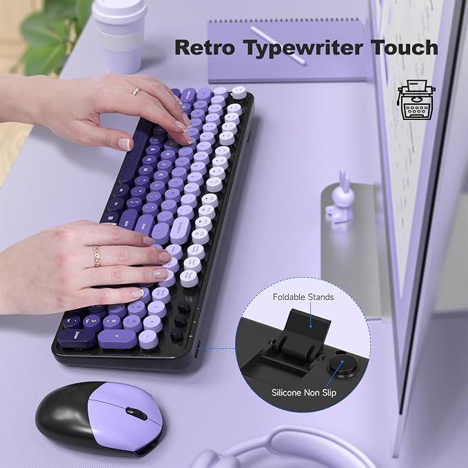 Wireless Keyboard and Mouse Combo, 2.4GHz Retro Full-Size Typewriter Keyboard with Number Pad and Wireless Mouse for PC/Laptop/Desktop/Windows (Black Purple Colorful)