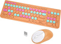 Wireless Keyboard and Mouse Combo, Retro Typewriter Keyboard with Round Keycaps, 2.4GHz USB Cute Wireless Keyboard Mouse for Computer, Desktop, Laptop and Computer (Orange Colorful)