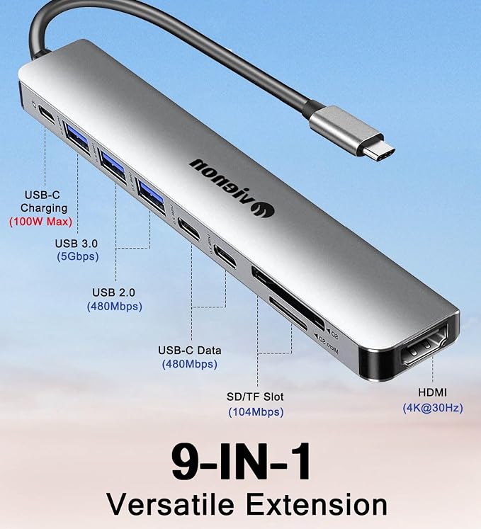 USB C Hub HDMI Adapter for Monitor, VIENON 9 in 1 USB Type C Laptop Docking Station with 4K HDMI, SD/TF Card Reader, 100W PD, Compatible for MacBook Pro, XPS Laptop (Supports DP ALT Mode)