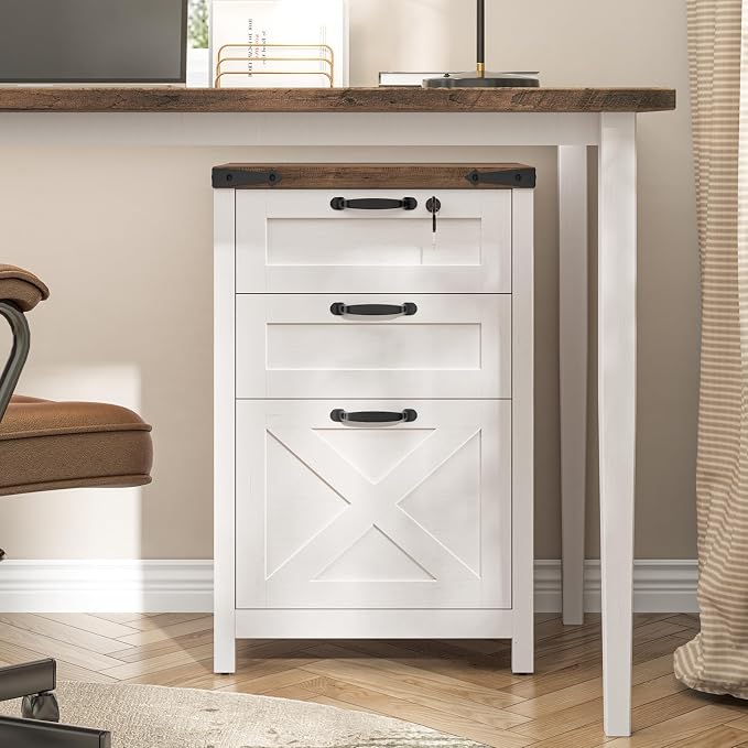 Halitaa 3 Drawer Small File Cabinet with Lock, Farmhouse Vertical Filing Cabinet Fits Letter and A4 Size, Under Desk Wooden File Cabinets for Home Office, Printer Stand, Rustic White
