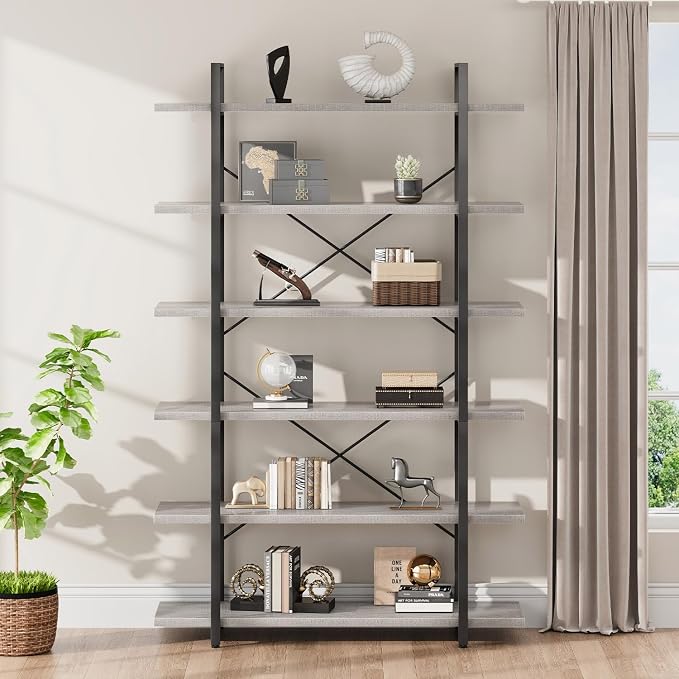 HSH 6 Tier Tall Bookshelf, Metal Wood Vertical Display Book Shelf, Industrial 6 Shelf Bookcases and Book Shelves Storage Rack, Large Open Book Case for Bedroom Living Room Office, Light Grey Oak