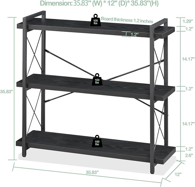HCHQHS Bookshelf, 3-Tier Industrial Bookcase, Black Open Book Shelf, Freestanding Horizontal Bookshelves with Metal Frame