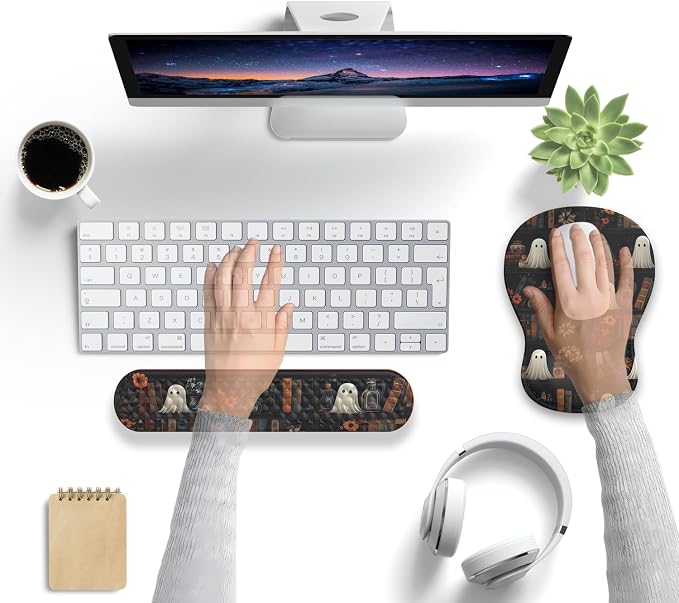 Ghost Book Mousepad with Wrist Rest Halloween Computer Keyboard Mouse Pad Black Cute, Mouse Pad with Wrist Rest for Computer Keyboard, 2 In1 Mousepad with Wrist Support Easy Typing&Relieve Wrist Pai