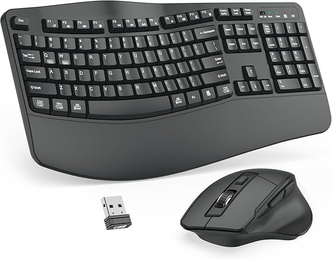 Wireless Keyboard and Mouse Combo, 2.4G Full Size Wave Keys Ergonomic Keyboard with Wrist Rest and 3-Level DPI Adjustable Wireless Ergonomic Mouse for Windows, Mac OS Desktop/Laptop/PC(Graphite)